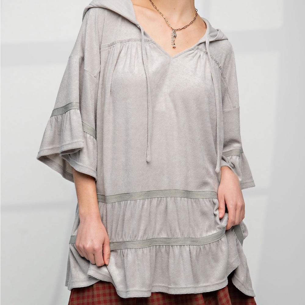 NWT EASEL Bohemian Gray Terry Hooded Ruffle Top S M L